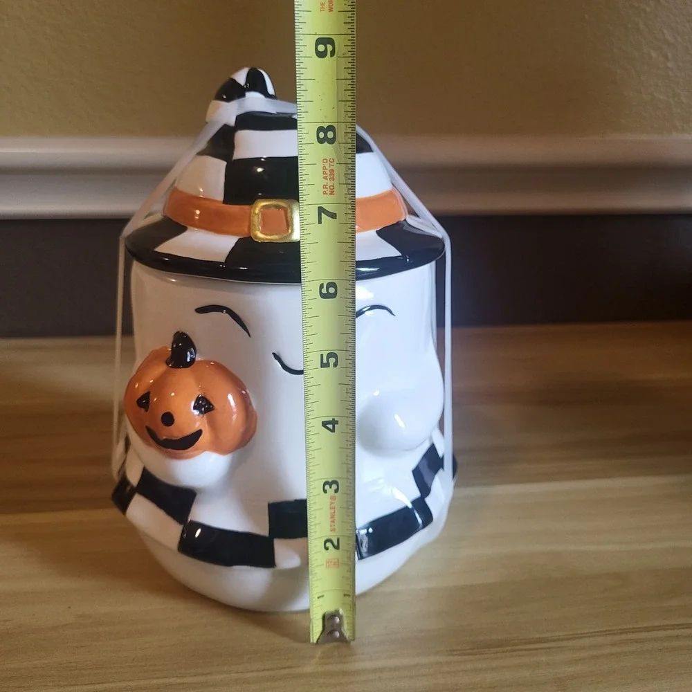 Jack O Lantern Lane Halloween Ghost Cookie Jar Pumpkin Checkerboard Ceramic NEW